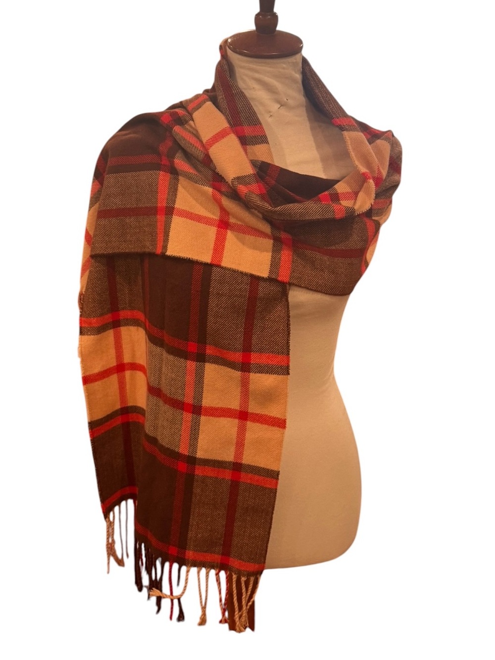 Plaid Fringe Wrap Scarf - Brown & Tan